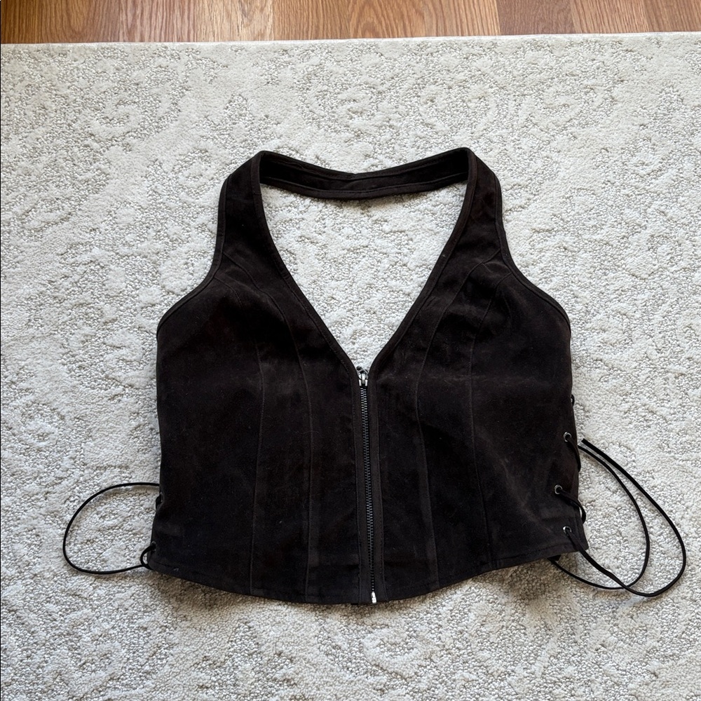 Brown Faux Suede Leather Zip-Up Halter Vest - Picture 2 of 6